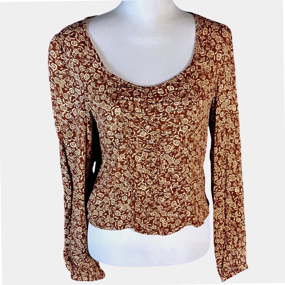 Idyllwind Top NWT Women XS Brandy Brown Floral Long Sleeve Scoop Neck Blouse